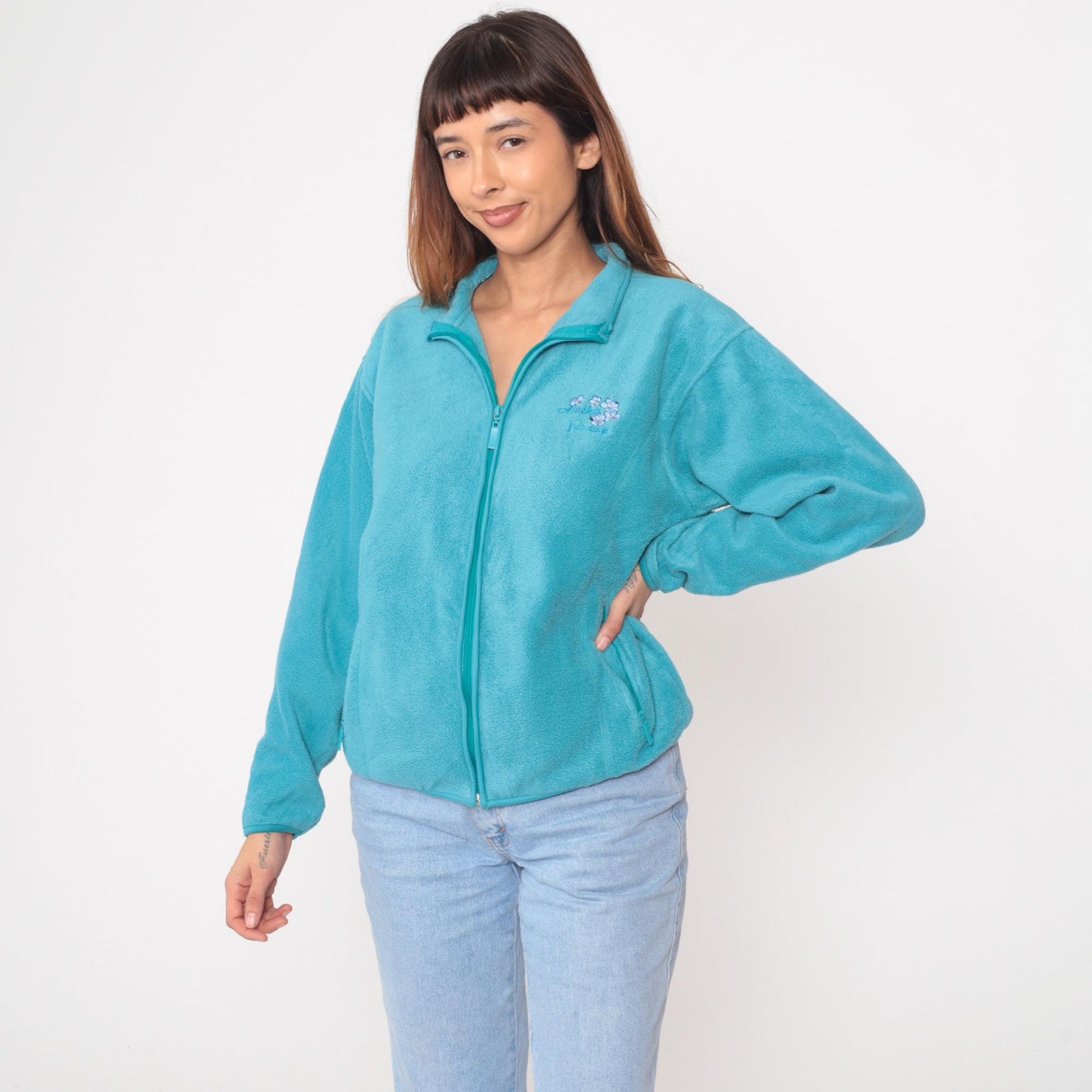 Y2K Turquoise Fleece Jacket Embroidered Floral Juneau Alaska Small