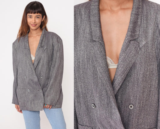 80s Metra by Jantzen Double Breasted Blazer Charcoal Herringbone Peak Lapel Extra Large