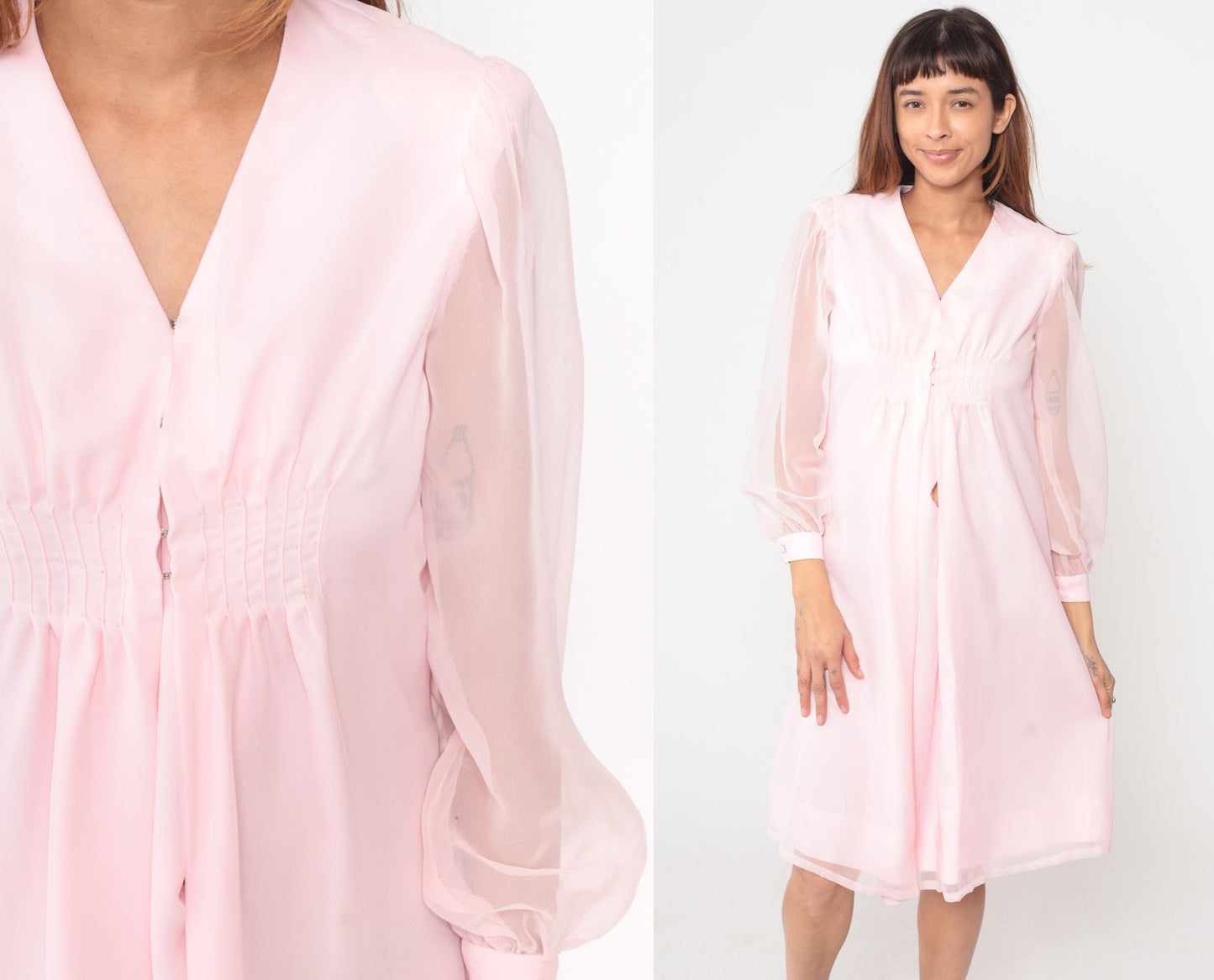 70s Pink Polyester Dress V-Neck Button Front Knee-Length Small