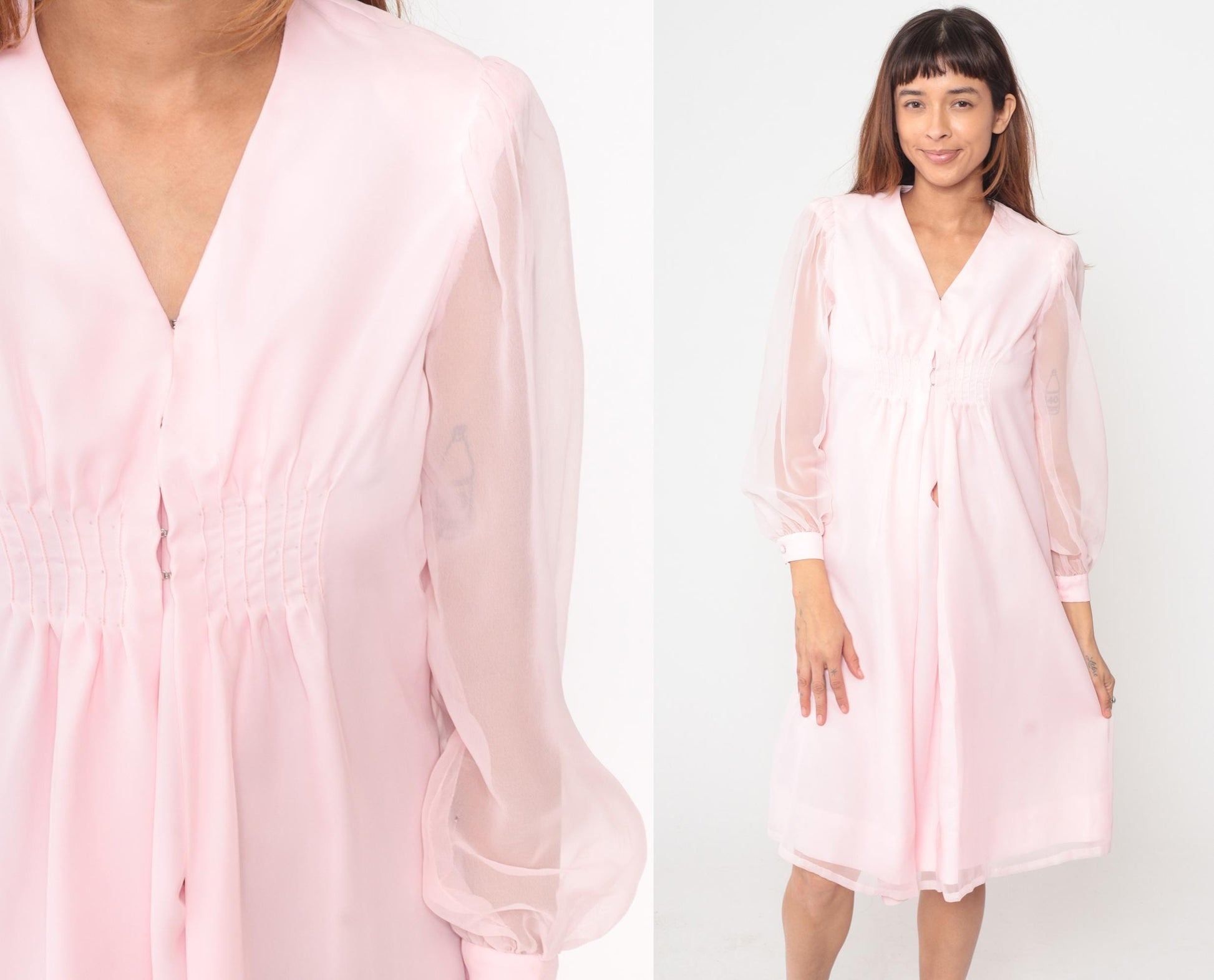 70s Pink Polyester Dress V-Neck Button Front Knee-Length Small