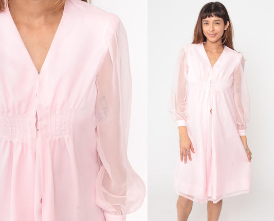 70s Pink Polyester Dress V-Neck Button Front Knee-Length Small