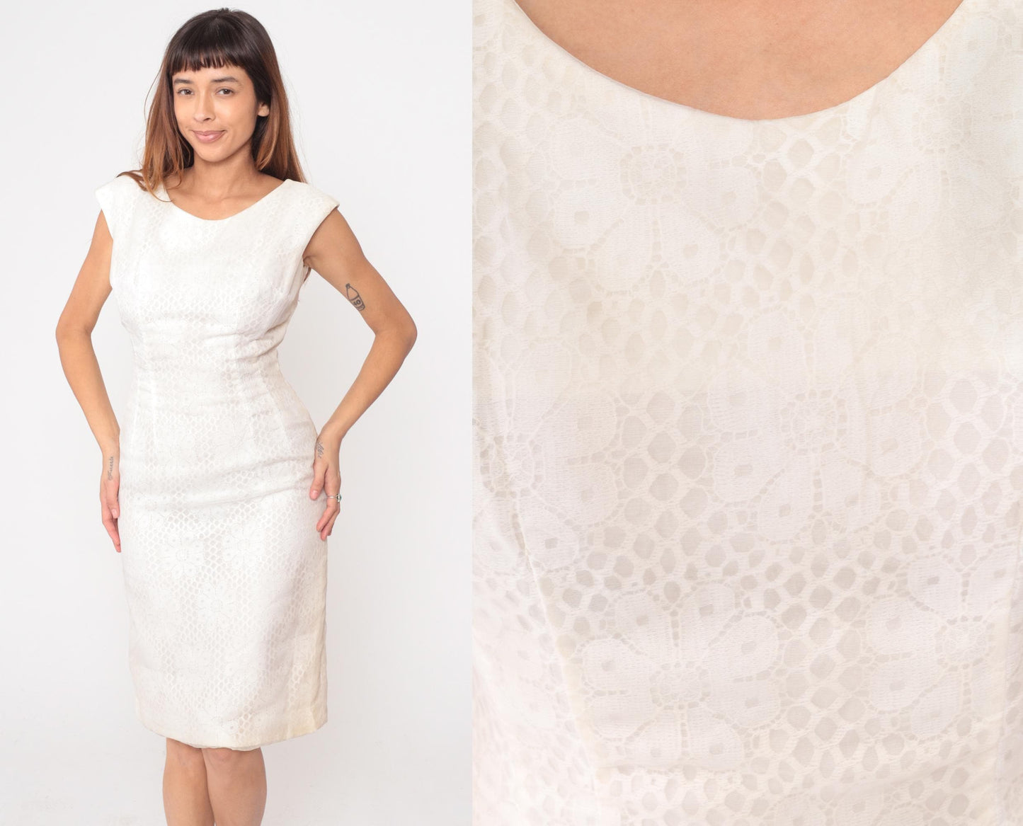 60s Claralura White Brocade Shift Dress Knee Length Cap Sleeve Small