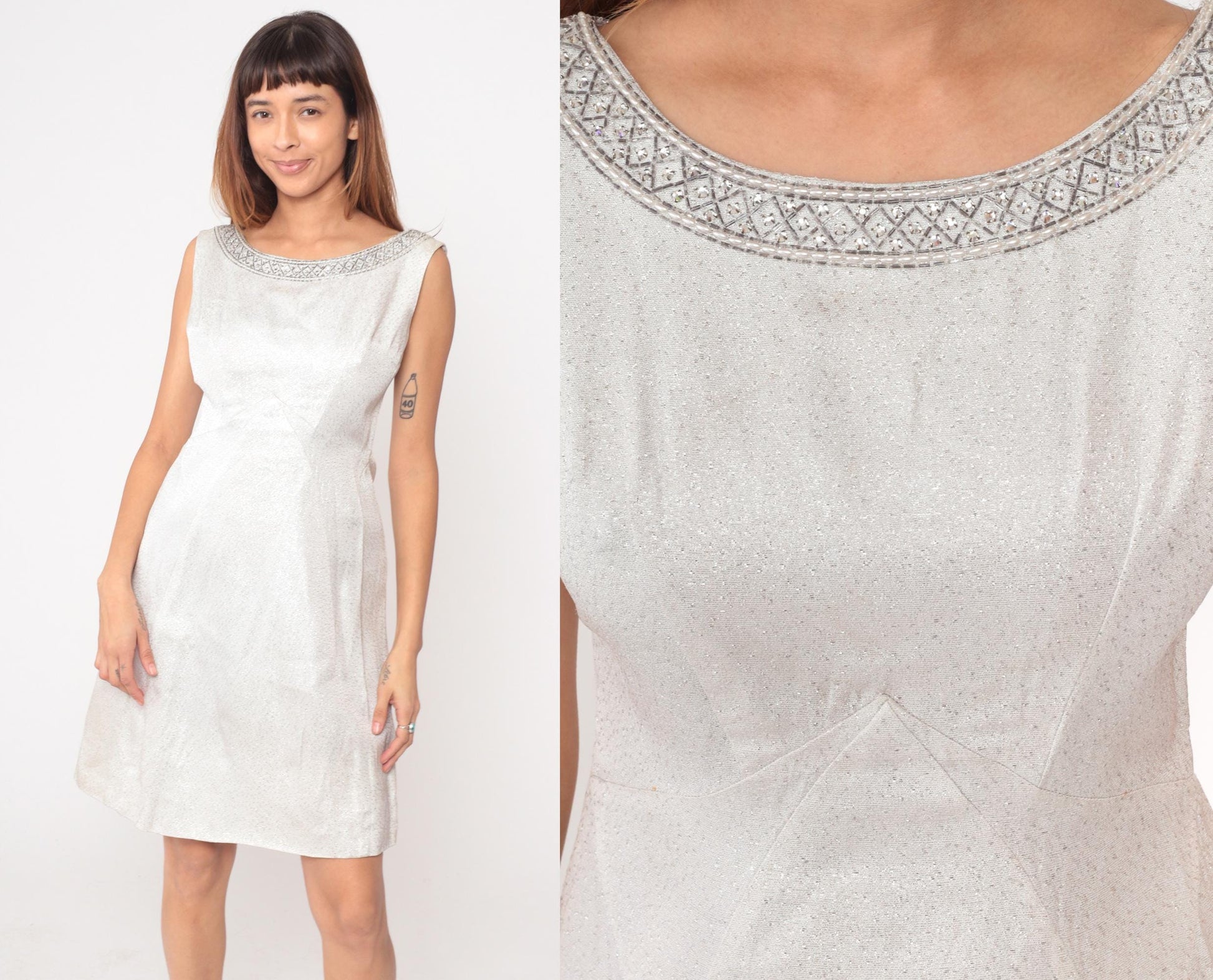 60s Jean Allen White Metallic Shift Dress Beaded Neckline Keyhole Back Medium