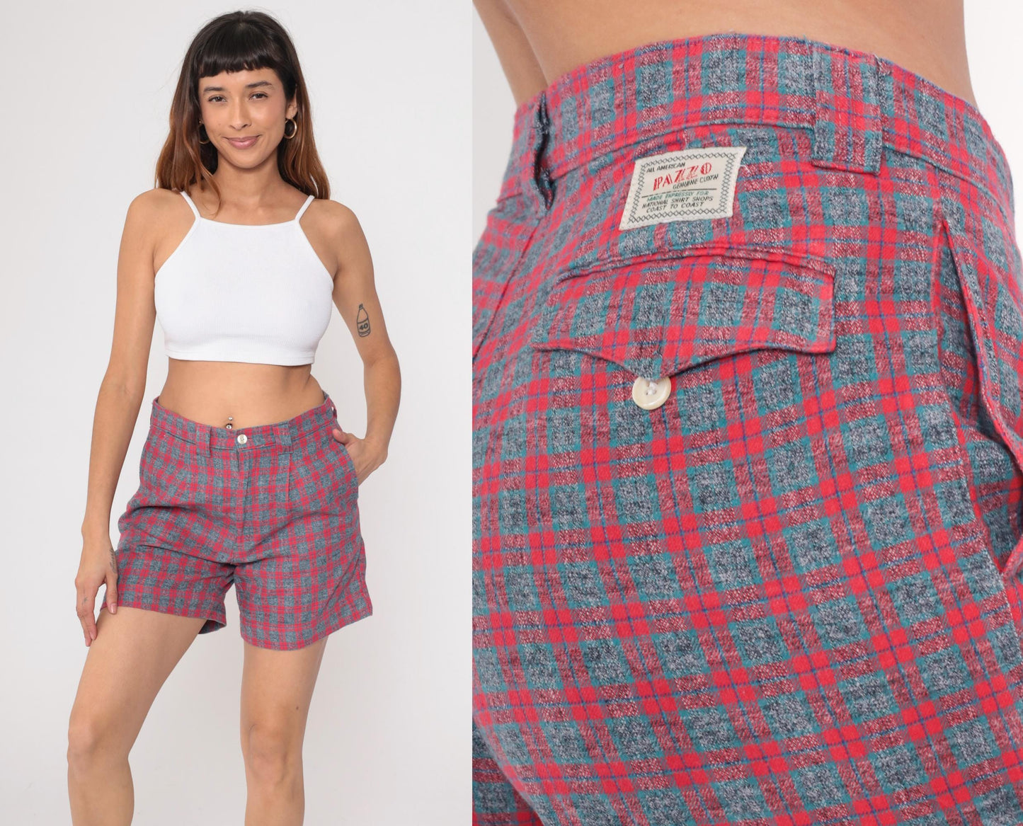 80s Pazzo Plaid High-Waisted Shorts Red Blue Button Front Medium