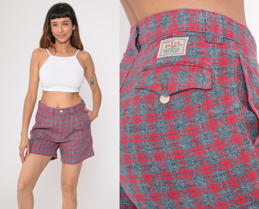 80s Pazzo Plaid High-Waisted Shorts Red Blue Button Front Medium