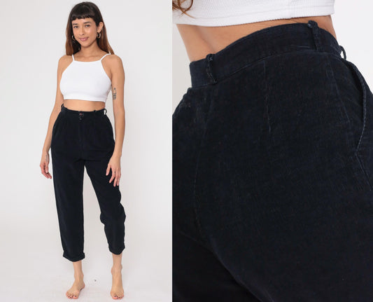 80s Michael Tracy Black Cotton High-Waisted Tapered Pants Small
