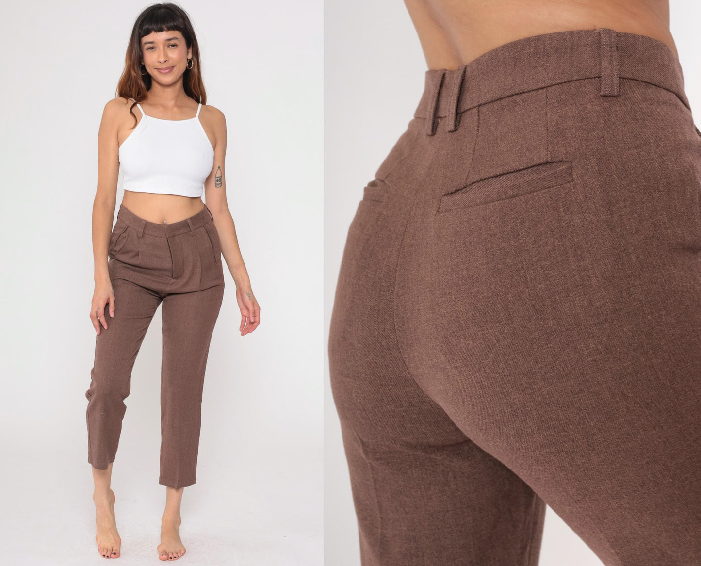 Y2K Brown Pleated Cropped Trousers Straight Leg High Waist Medium M