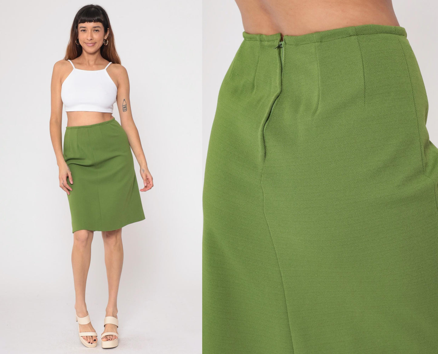 70s Olive Green A-Line Skirt Knee Length Back Zip Small S