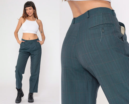 80s Dark Teal Plaid High Waist Straight Leg Trousers Pleated Large