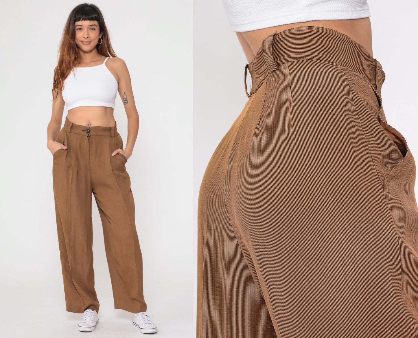 80s Emanuel Ungaro Pinstriped Trousers Brown Tan High Waist Pleated Medium