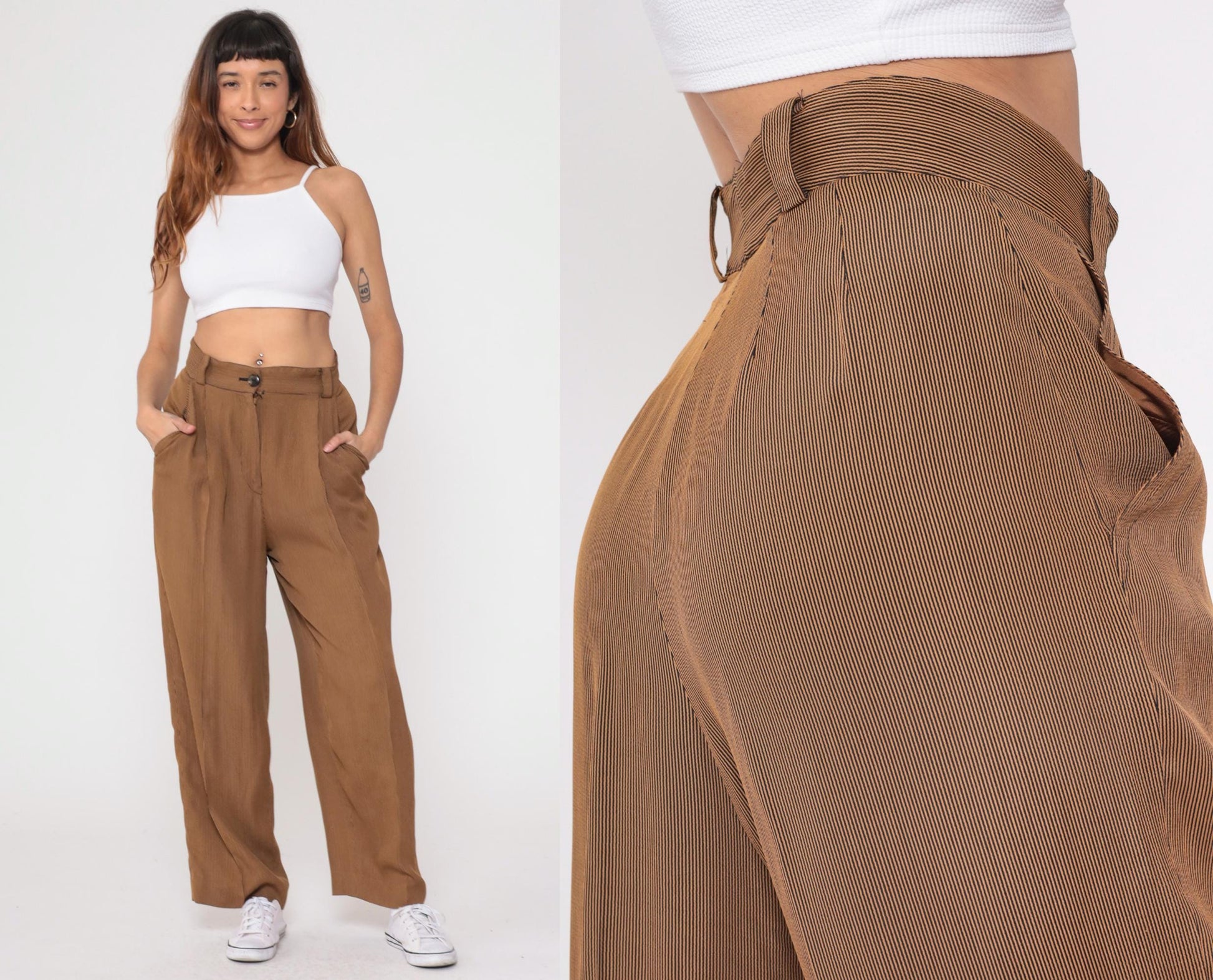 80s Emanuel Ungaro Pinstriped Trousers Brown Tan High Waist Pleated Medium