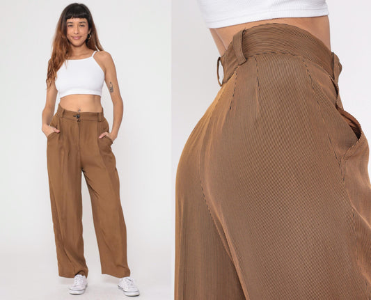 80s Emanuel Ungaro Pinstriped Trousers Brown Tan High Waist Pleated Medium