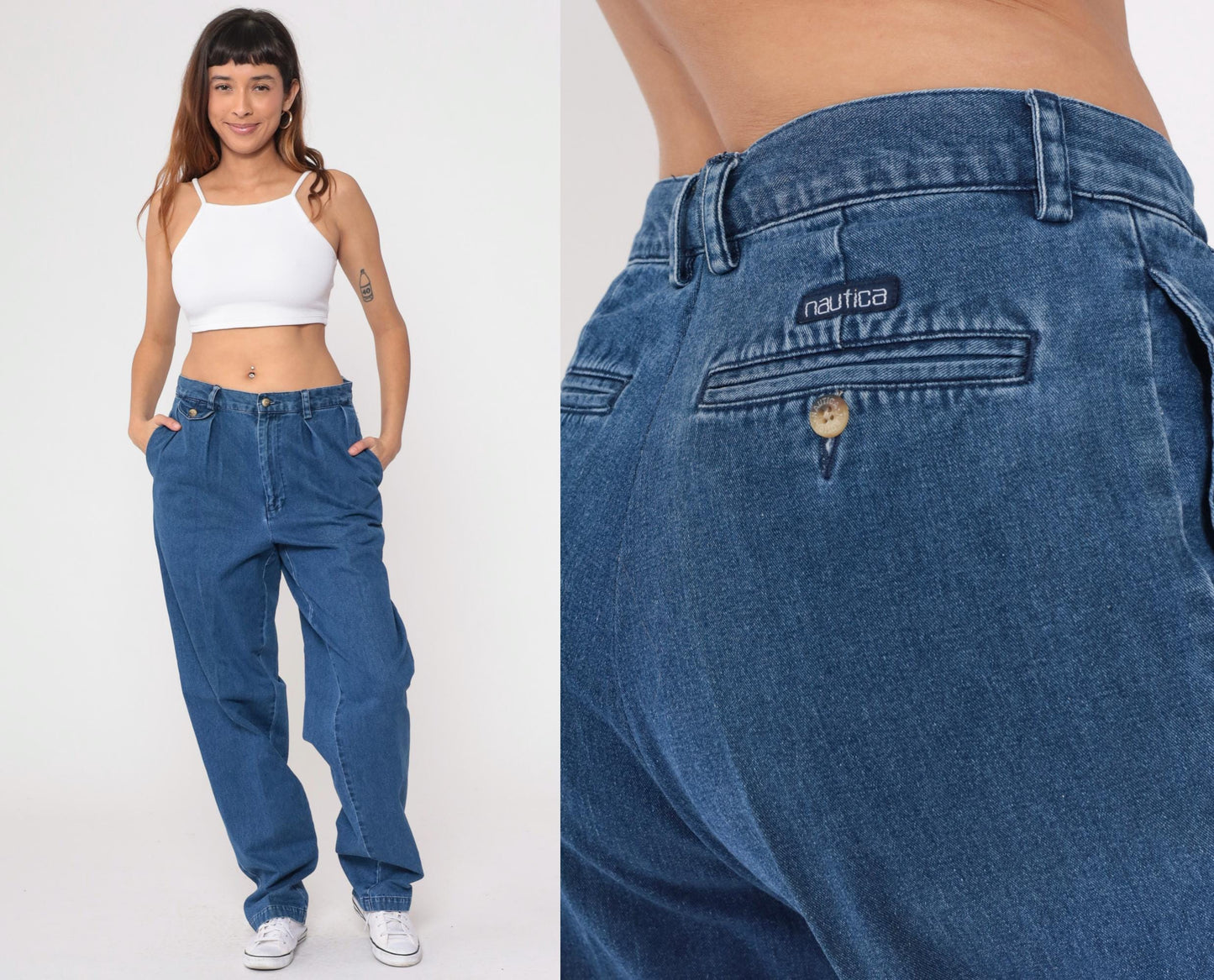 90s Nautica High Waisted Pleated Denim Jeans Blue Tapered Cuff Large