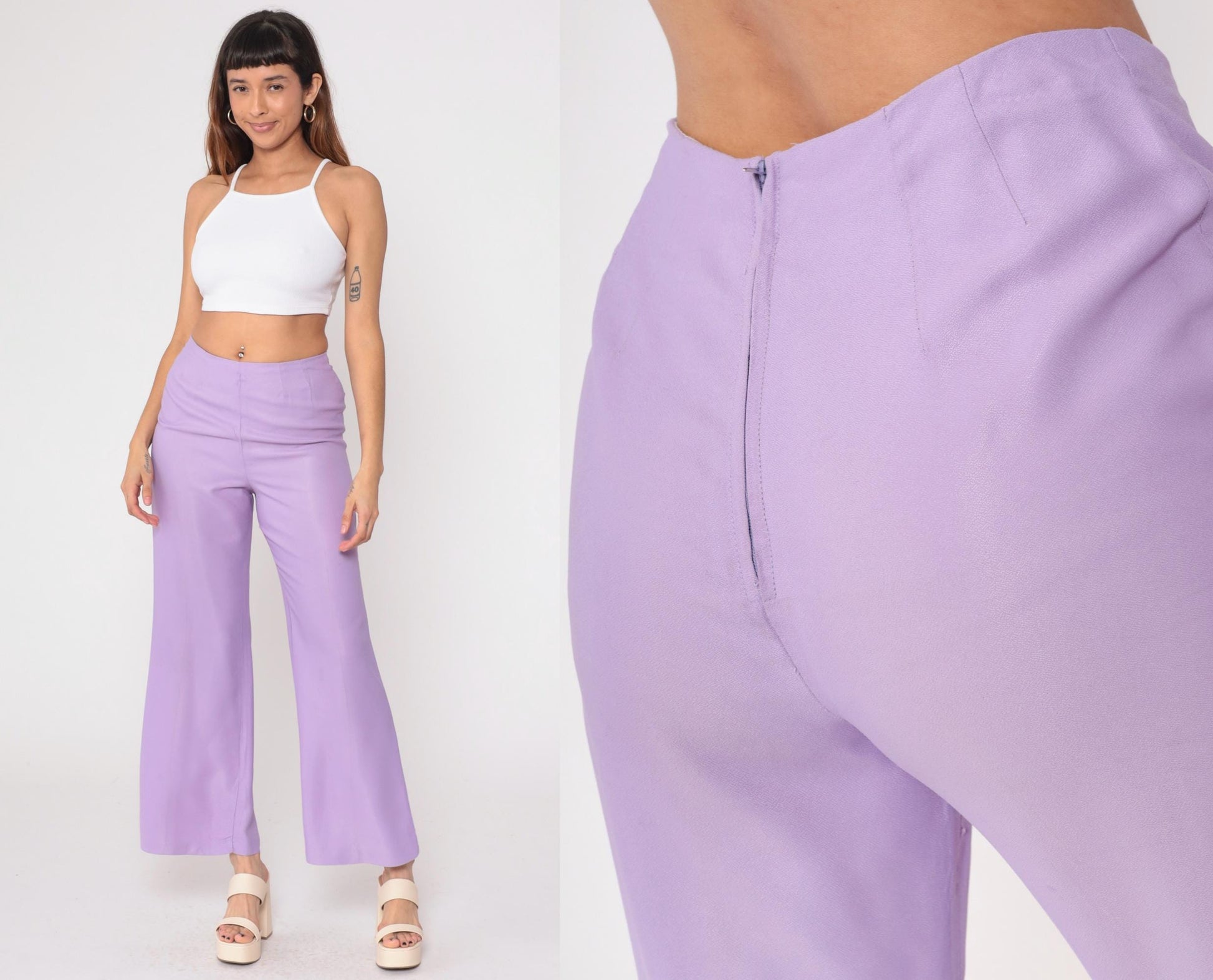 1970s Lavender High-Waisted Wide-Leg Flared Trousers Small