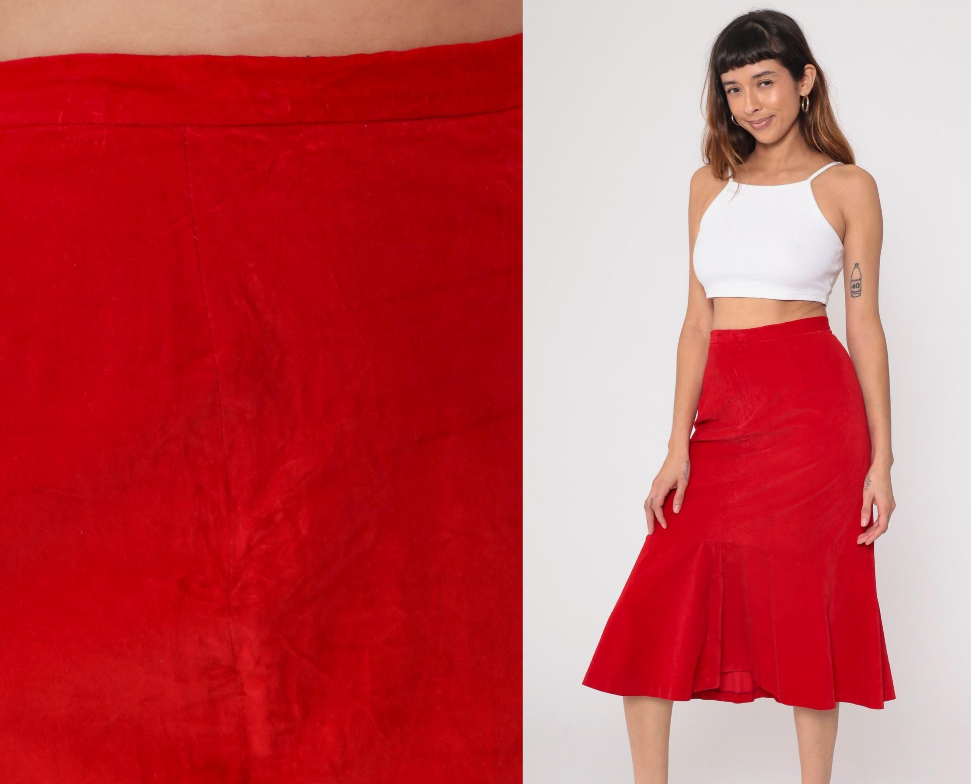 70s Red Velvet Midi Skirt Bucaretti High Waisted Trumpet Flare Small