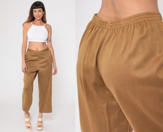 90s Alfred Dunner Tan Knit Pants Elastic Waist Cropped Ankle Large