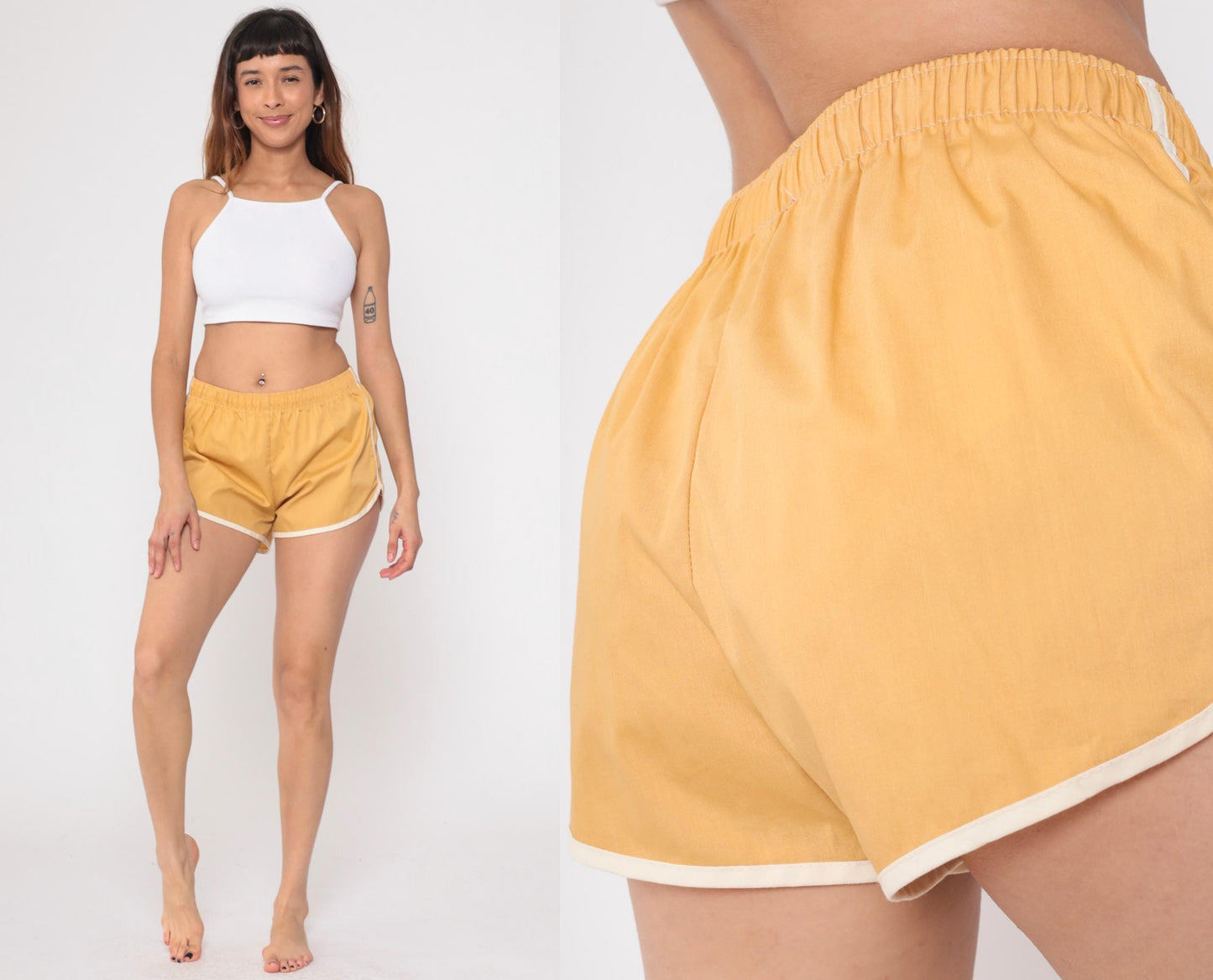 80s Tan Running Shorts White Trim Athletic Dolphin Hem Medium