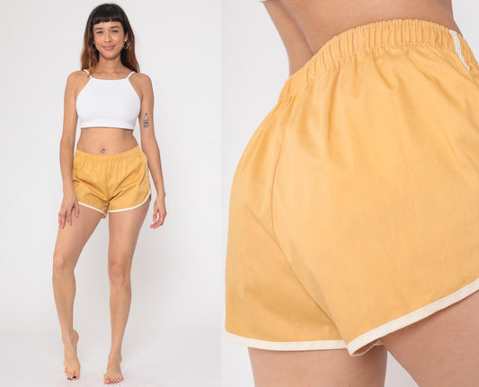80s Tan Running Shorts White Trim Athletic Dolphin Hem Medium
