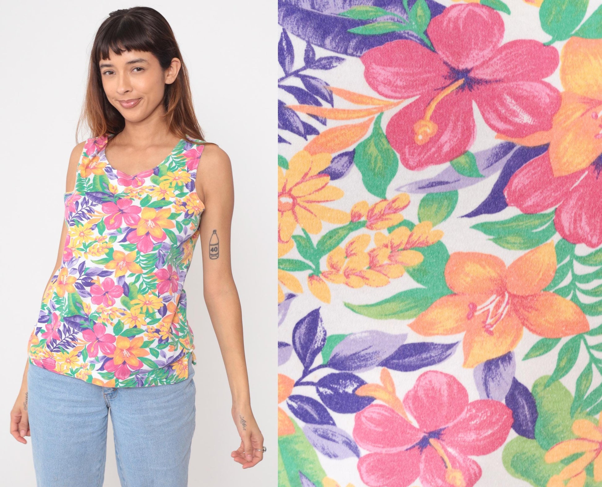 90s Tropical Floral Tank Top White Pink Orange Yellow Purple Medium