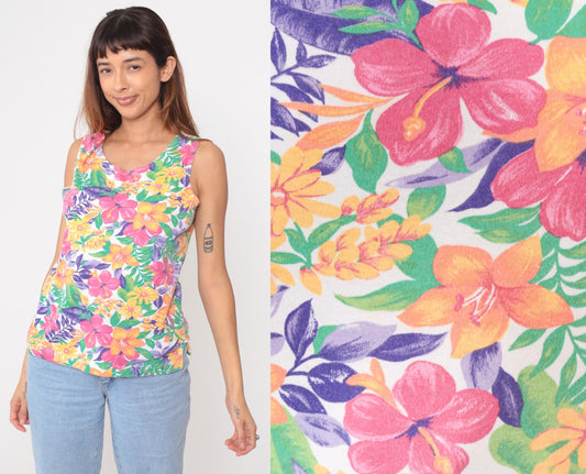 90s Tropical Floral Tank Top White Pink Orange Yellow Purple Medium