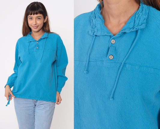 90s Sea Breeze Turquoise Cotton Blouse Peter Pan Collar Button Front Small