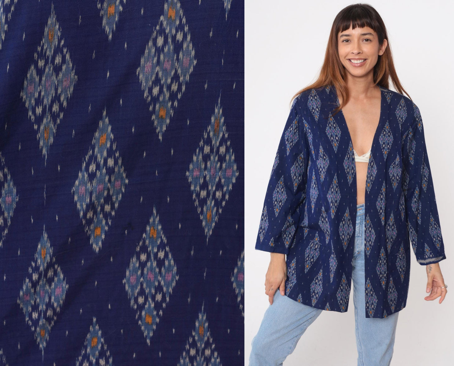 80s Navy Ikat Diamond Kimono Cardigan Cotton Open Front Medium