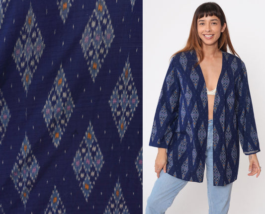 80s Navy Ikat Diamond Kimono Cardigan Cotton Open Front Medium