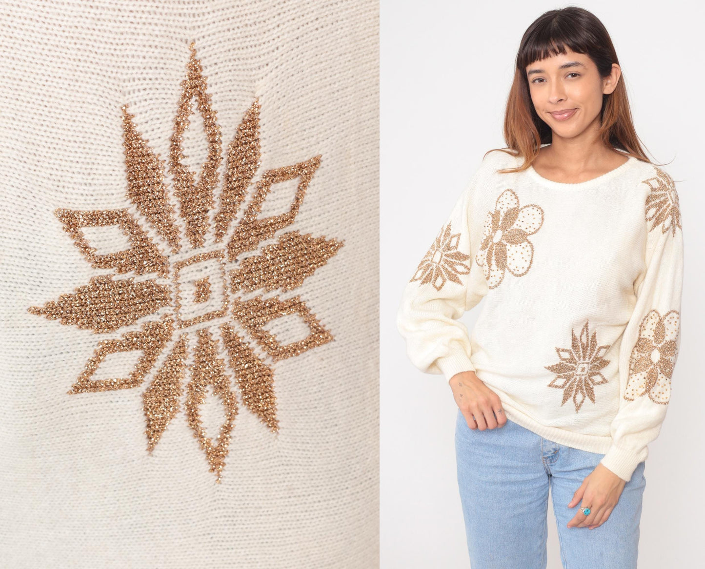 80s Nilani Cream Beaded Sweater Gold Floral Sequin Pullover Medium M