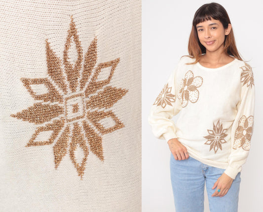 80s Nilani Cream Beaded Sweater Gold Floral Sequin Pullover Medium M