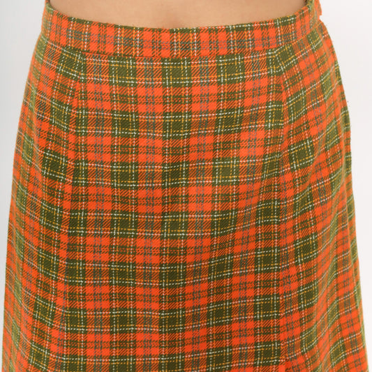 70s Orange Green Plaid A-Line Skirt Knee Length Wrap Small