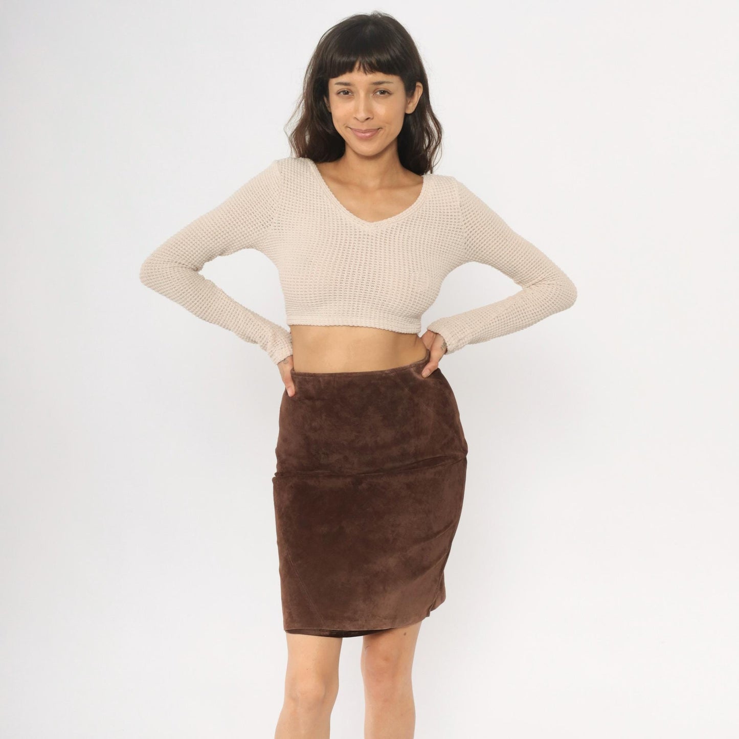 90s Brown Leather A-Line Skirt High Waisted Seam Detail Small