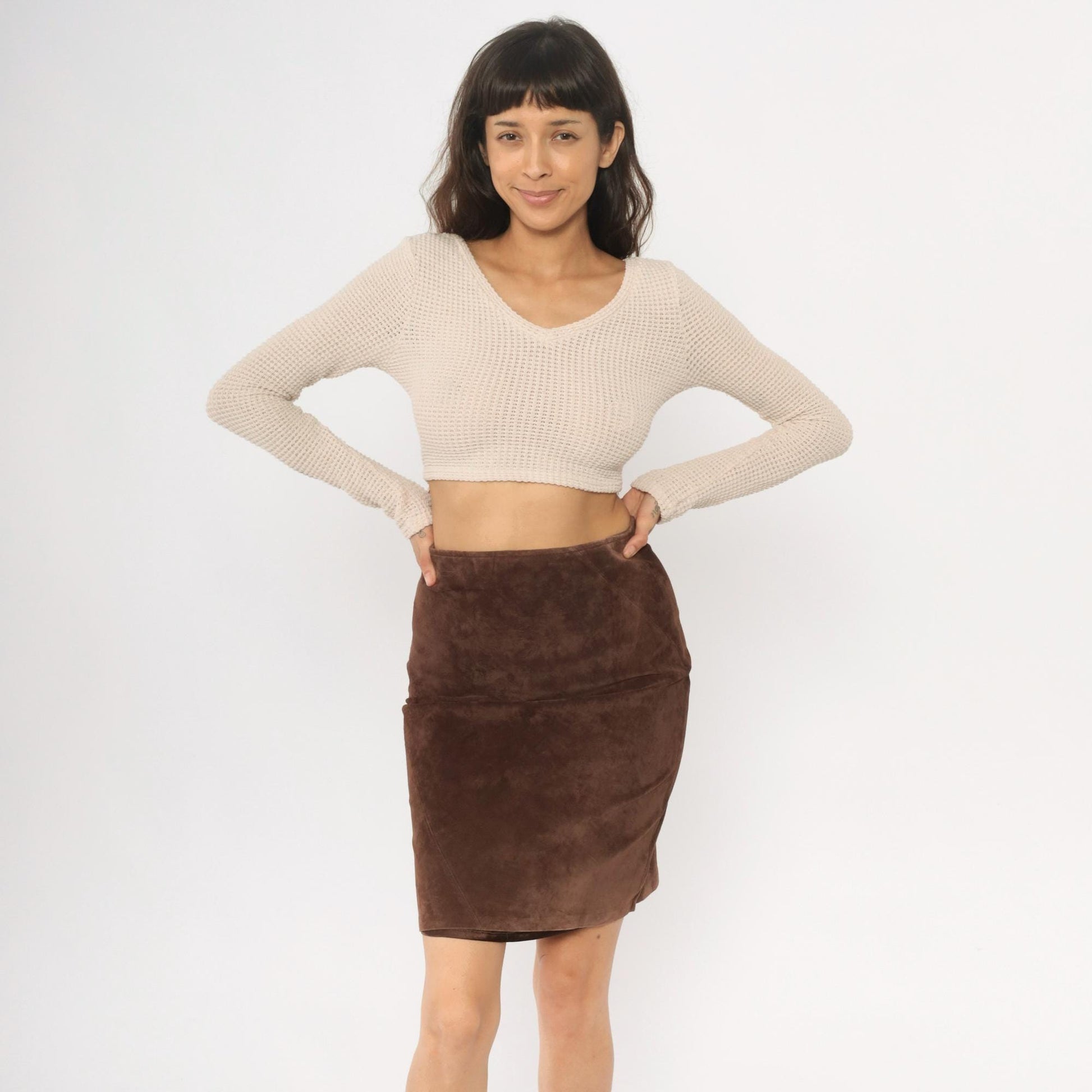90s Brown Leather A-Line Skirt High Waisted Seam Detail Small