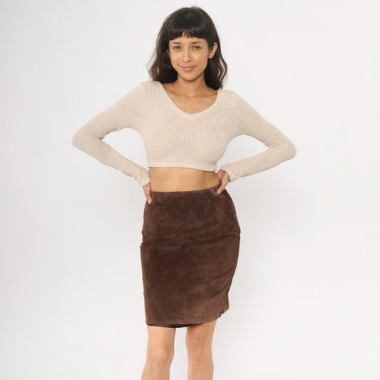 90s Brown Leather A-Line Skirt High Waisted Seam Detail Small