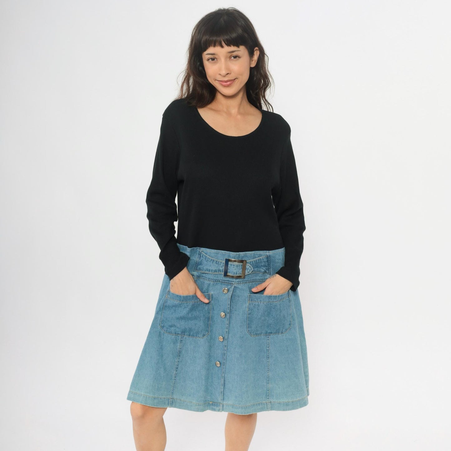 90s Diana Marco Denim Dress Black Chambray Two Tone Belted Extra Large XL