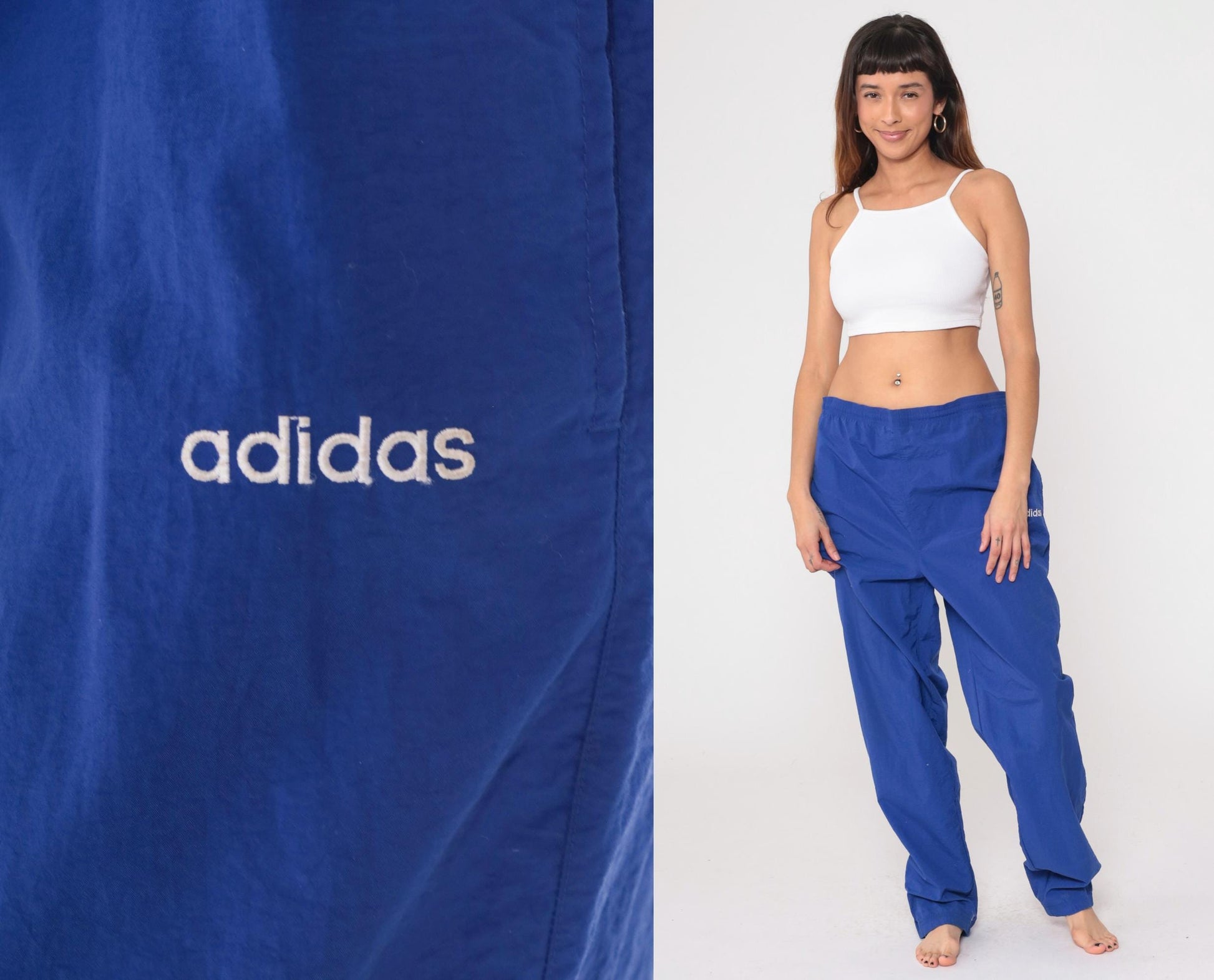 90s Adidas Royal Blue Track Pants Nylon Windbreaker Elastic Waist Large L