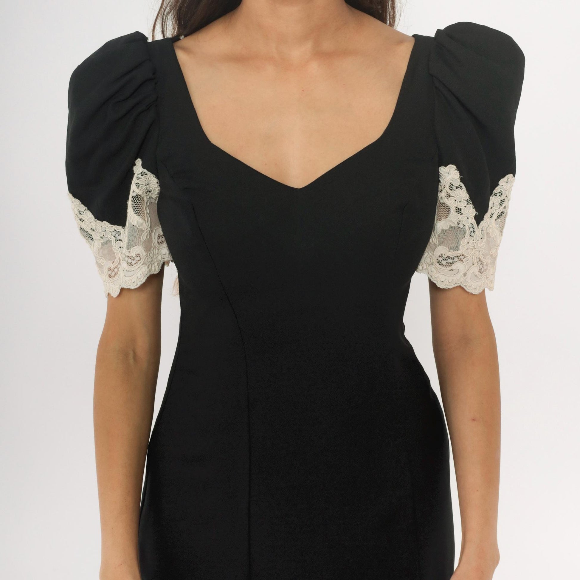 90s Alfred Angelo Black Mini Dress White Lace Puff Sleeves Small S