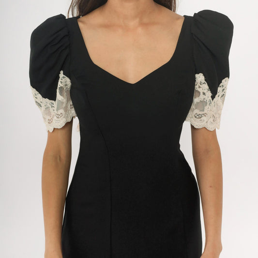 90s Alfred Angelo Black Mini Dress White Lace Puff Sleeves Small S