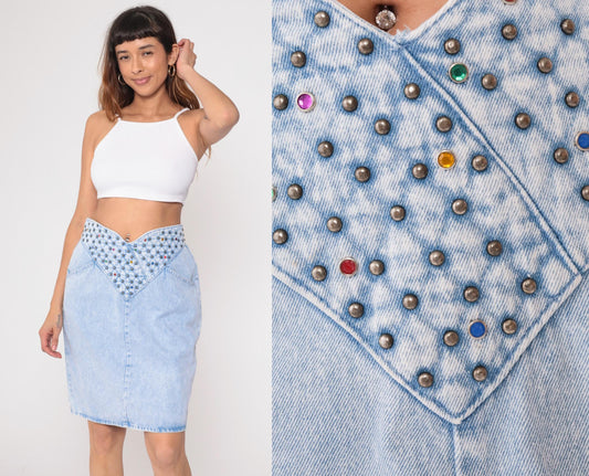 90s Opal Light Blue Studded Denim Mini Skirt Rhinestone High Waist Medium