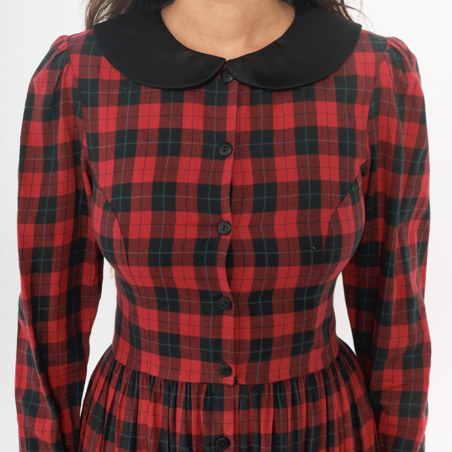 90s St Simon Red Black Plaid Midi Dress Peter Pan Collar Small S