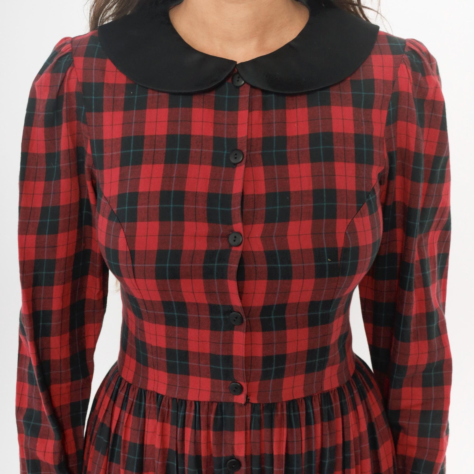 90s St Simon Red Black Plaid Midi Dress Peter Pan Collar Small S