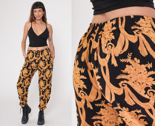 90s Judy Knapp Black Gold Baroque Damask Pants Elastic Waist Medium M