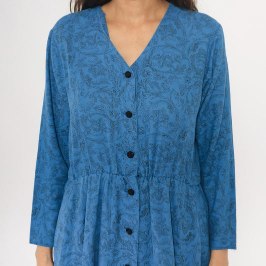 80s Blue Paisley Button-Front Dress V-Neck Long Sleeve Gathered Waist Medium M