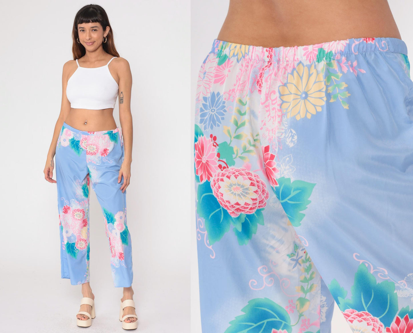 Y2K Natori Floral Pajama Pants Periwinkle Cropped Medium M