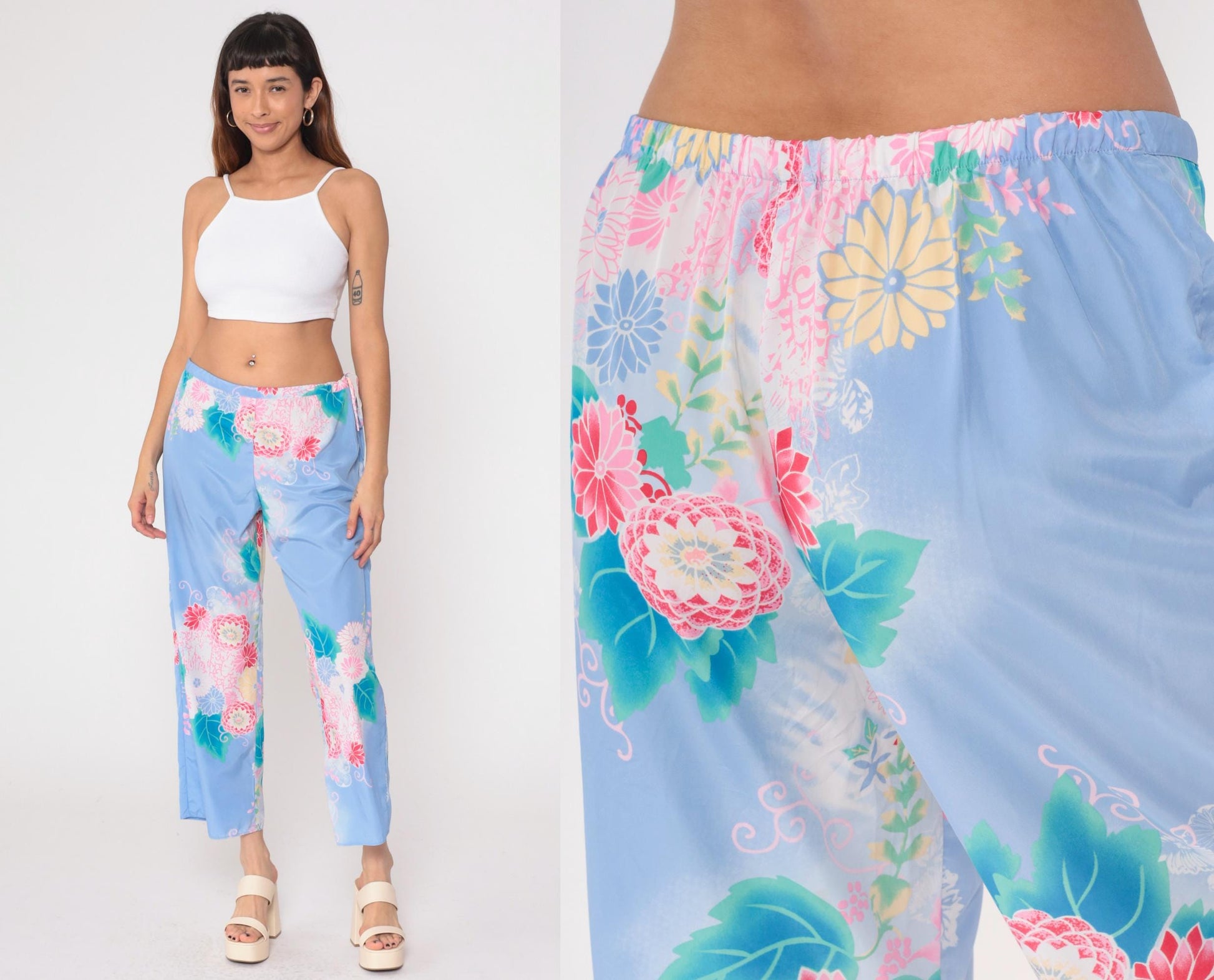 Y2K Natori Floral Pajama Pants Periwinkle Cropped Medium M