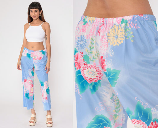 Y2K Natori Floral Pajama Pants Periwinkle Cropped Medium M