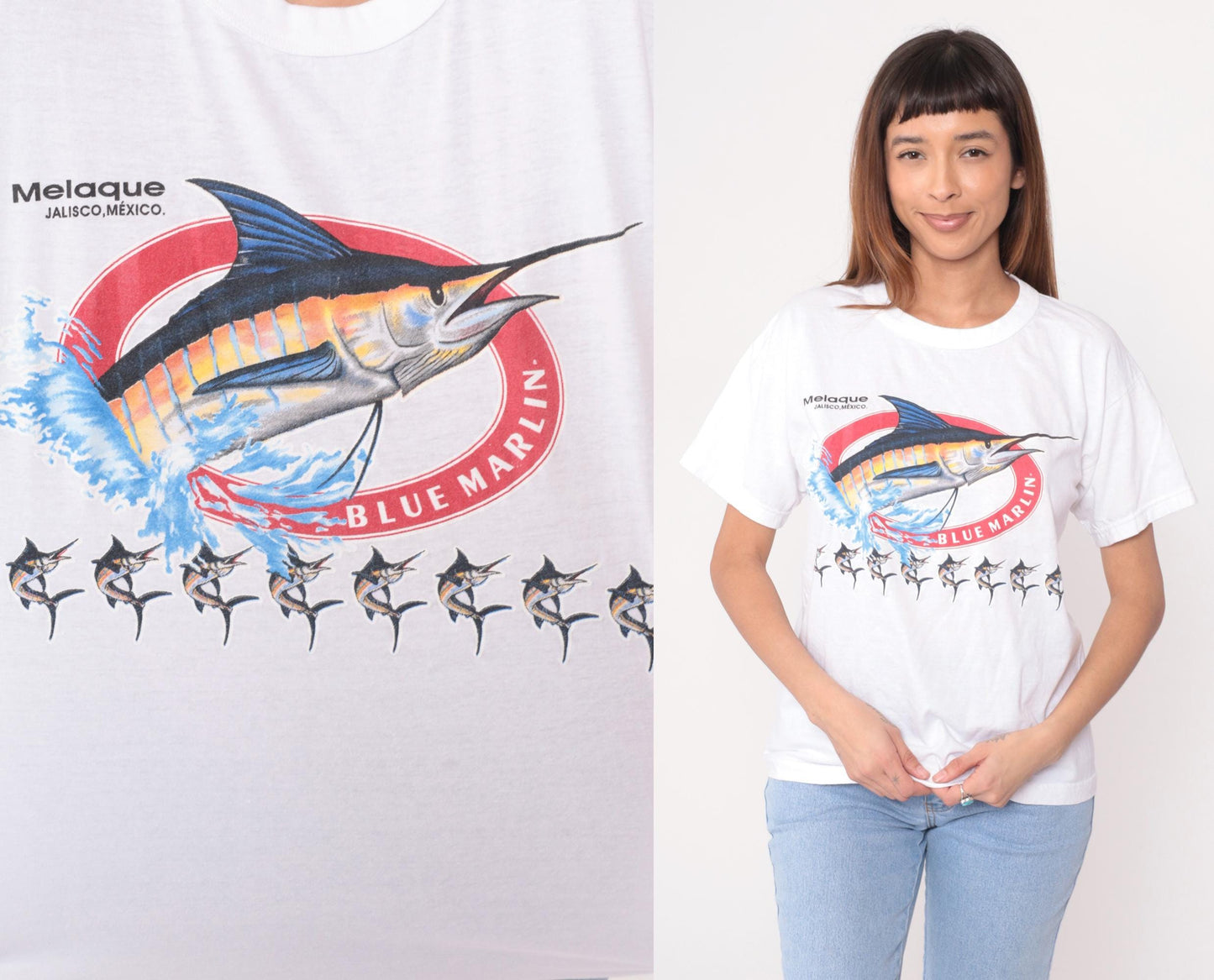Y2K Blue Marlin Swordfish Graphic Tee Jalisco Mexico White Crew Neck Medium