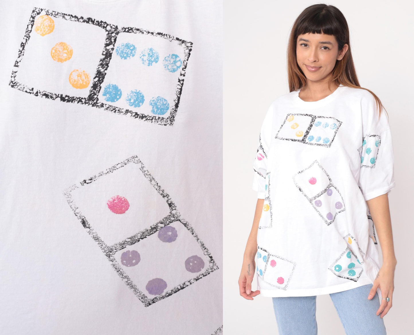 90s Dice Print Cotton T-Shirt White Graphic Tee Colorful Dots Large L