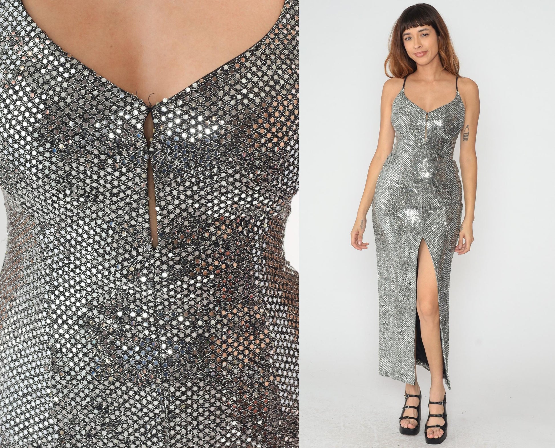 90s Michi Silver Sequin Maxi Dress Spaghetti Strap V Neck Slit Small S
