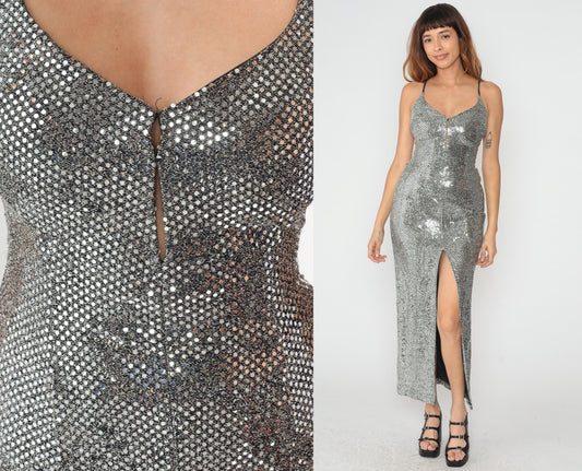 90s Michi Silver Sequin Maxi Dress Spaghetti Strap V Neck Slit Small S
