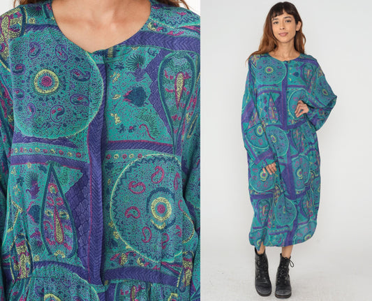 80s Paisley Maxi Dress Turquoise Purple Geometric Print Long Sleeve Extra Large